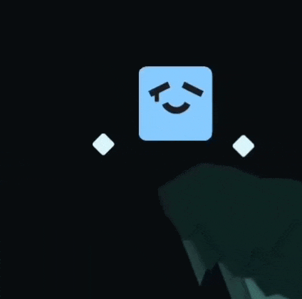 a blue square with a smiley face on it is floating in the air .