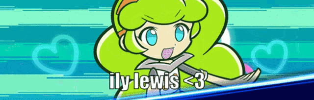 a cartoon girl with green hair and the name illy lewis