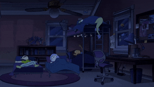 a couple of cartoon characters sleeping on a bed with a blue blanket