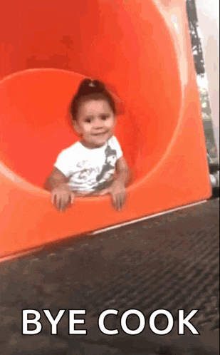 a little girl is sliding down an orange slide with the words " bye cook " below her