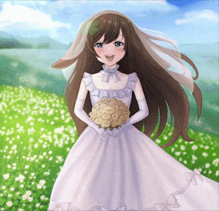 a girl in a wedding dress is holding a bouquet of flowers in a field