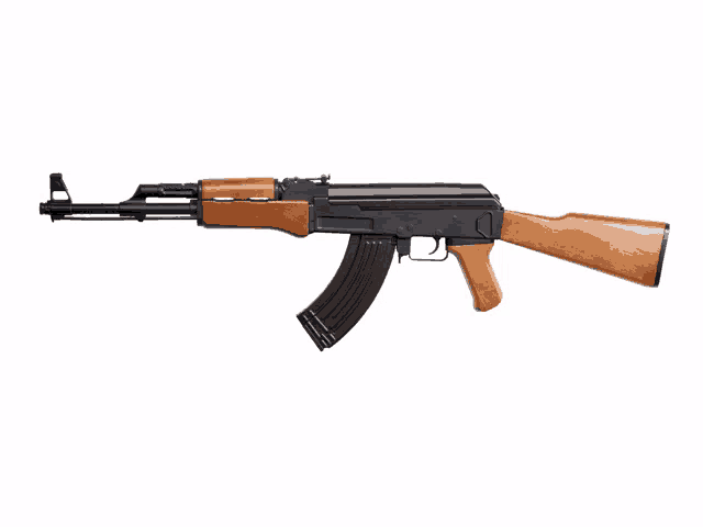 a black and brown assault rifle with a wooden handle