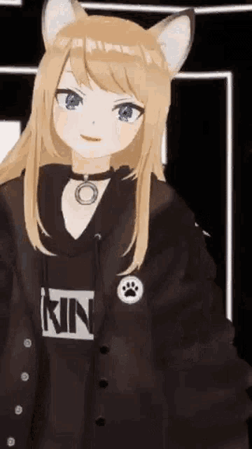 a blonde anime girl with cat ears and blue eyes is wearing a black hoodie .