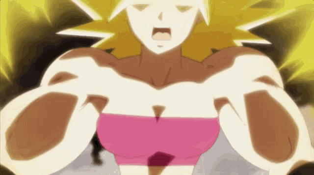 a woman in a pink bra is flexing her muscles in a cartoon scene .