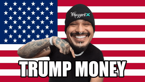 a man in front of an american flag with the words trump money on the bottom