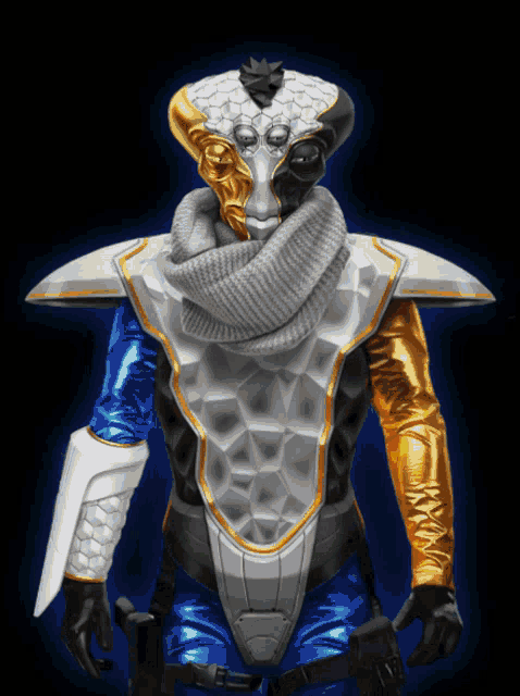 a robot with a scarf around his neck is wearing a silver and gold outfit