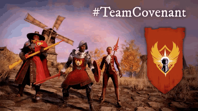 a group of soldiers are standing in front of a windmill and the words #teamcovenant