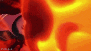 a close up of a person 's face in front of a fireball .