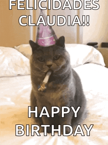 a cat wearing a party hat is sitting on a bed and blowing a party horn ..