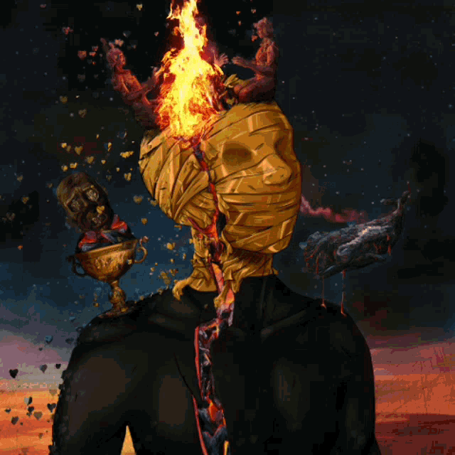 a painting of a man with a fire coming out of his head