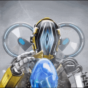 a robot is holding a blue object in front of a gray background