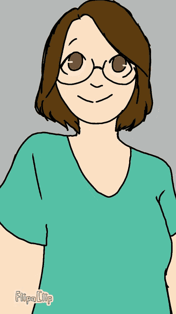 a cartoon drawing of a woman wearing glasses and a blue shirt