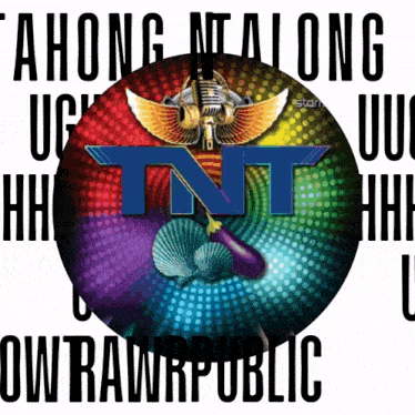 a colorful tnt logo with the words " among at along " written below it
