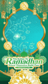 a green and gold ramadhan greeting card with a mosque in the background