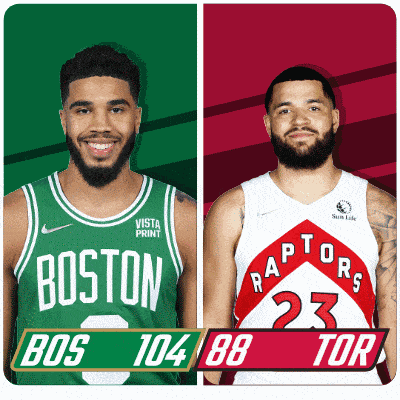 two basketball players from the boston celtics and the raptors are standing next to each other