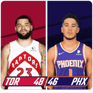 two basketball players one from the raptors and one from the phoenix are standing next to each other