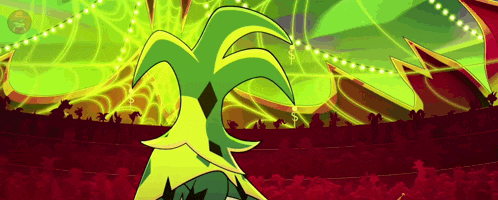 a cartoon character is standing in front of a crowd of people in a stadium .