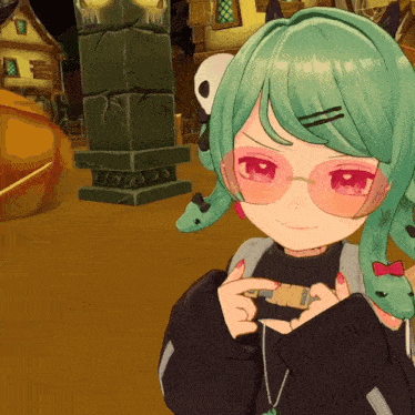 a girl with green hair and red eyes is wearing sunglasses and a black sweater