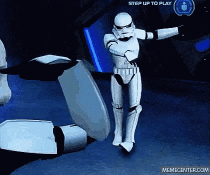a storm trooper is dancing in a video game with a step up to play button in the background .