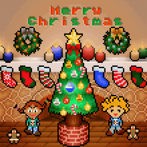 a pixel art of a christmas tree with the words merry christmas below it