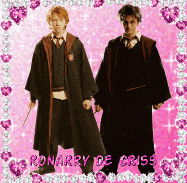 ronarry de criss and harry potter are shown on a pink background