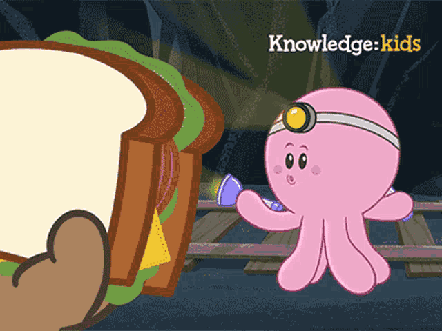 a cartoon of an octopus holding a flashlight next to a sandwich and the words knowledge kids