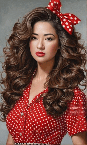 a painting of a woman in a red polka dot dress with a red bow in her hair