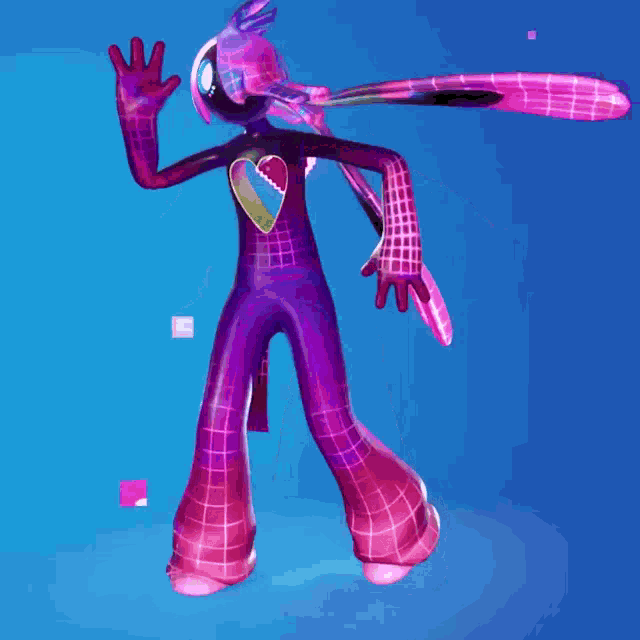 a purple and pink cartoon character with a heart on his chest is dancing .