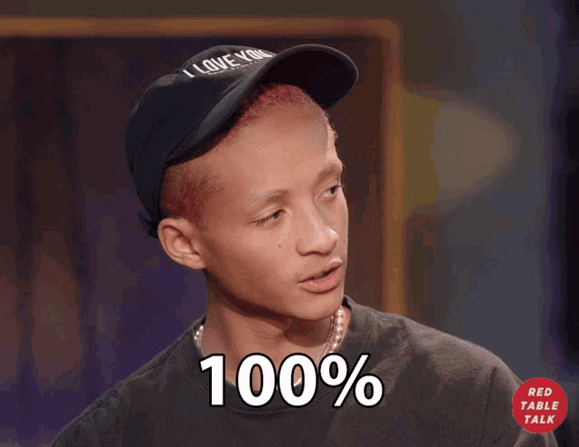 a young man wearing a hat and a black shirt says 100 %