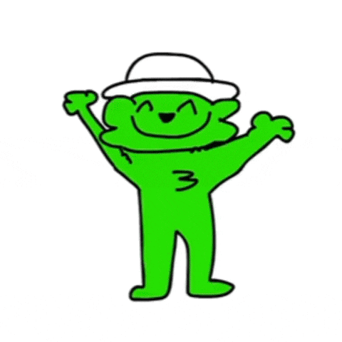 a green cartoon character wearing a hat and wings is standing with his arms outstretched .
