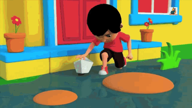 a cartoon of a boy playing with a paper boat in a flooded yard