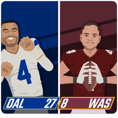a cartoon of two football players with dal 27 8 was written on the bottom