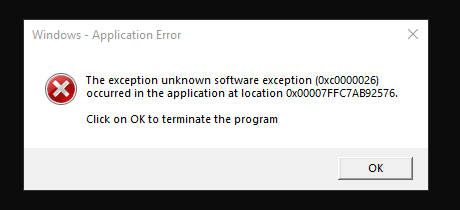 a window that says " windows application error " on it