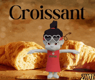 a 3d model of a girl standing in front of croissants