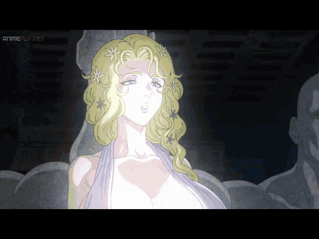 a cartoon of a woman with flowers in her hair and the words animeflv.net on the bottom