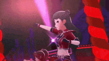a cartoon girl is standing on a stage with her arms outstretched .