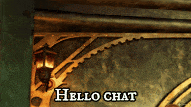 a sign that says hello chat on it with a clock in the background