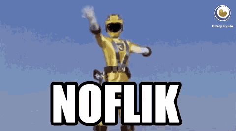a yellow power ranger with his arms outstretched and the word noflik in white