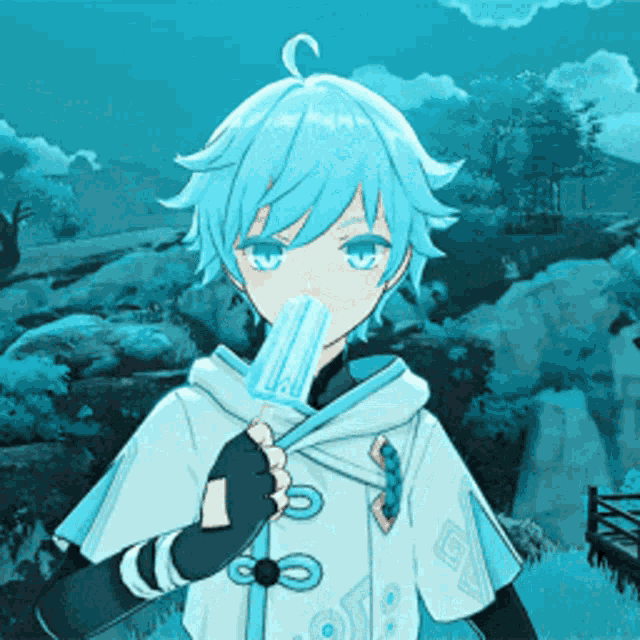 a blue haired anime character is eating an ice cream