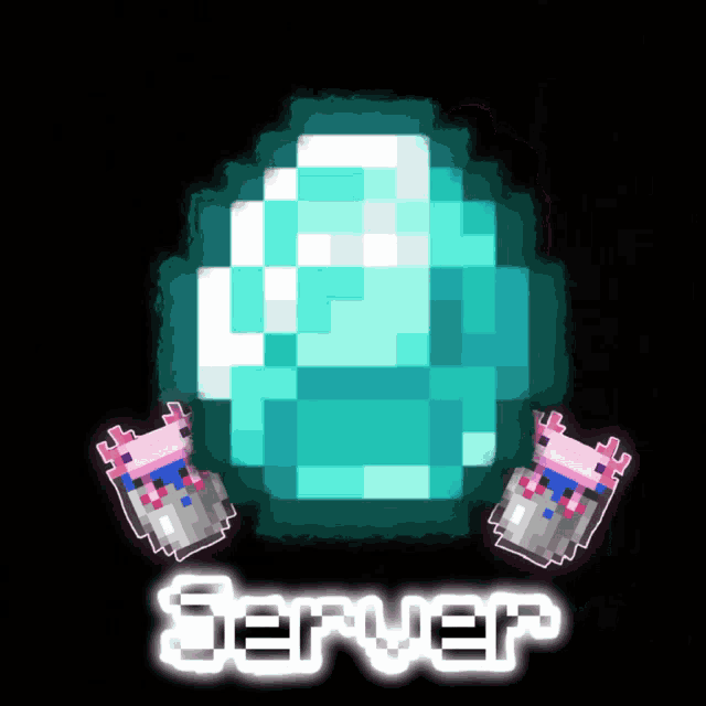 two axolotls are sitting next to a large diamond and the word server