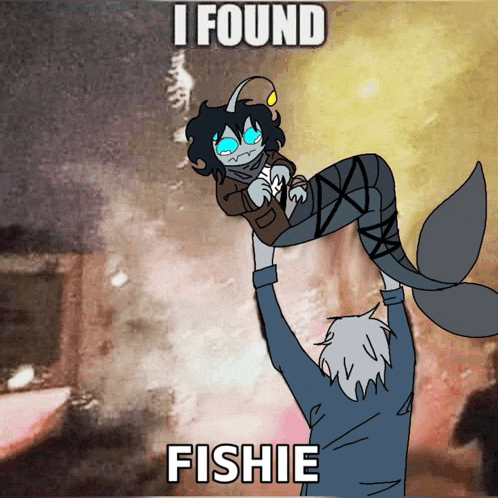 a cartoon of a man holding a mermaid with the words " i found fishie " on the bottom