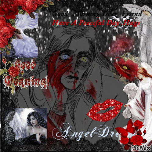 a picture of a woman with blood on her face is surrounded by angels and roses