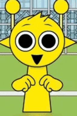 a yellow cartoon character with big eyes and antennas is standing in front of a building .