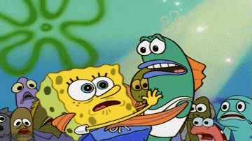 a cartoon of spongebob being attacked by a fish