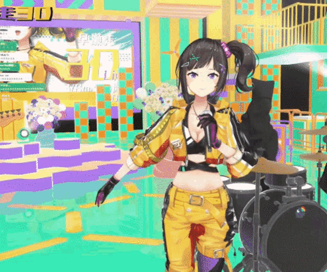a girl in a yellow jacket is standing next to a drum set .