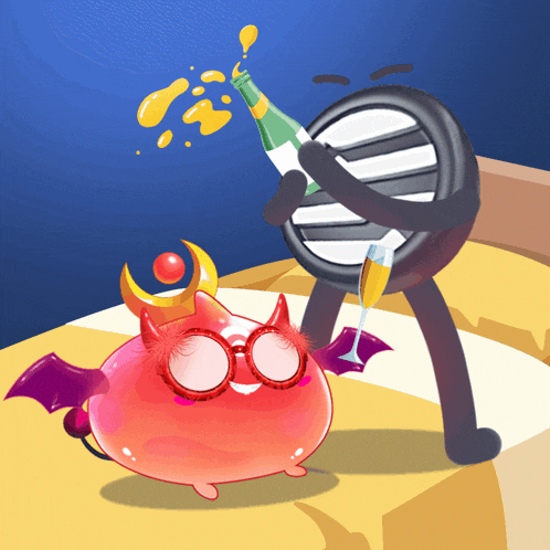 a cartoon of a devil holding a bottle of champagne next to a piano