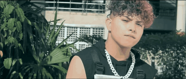 a young man with curly hair and a chain around his neck looks at the camera
