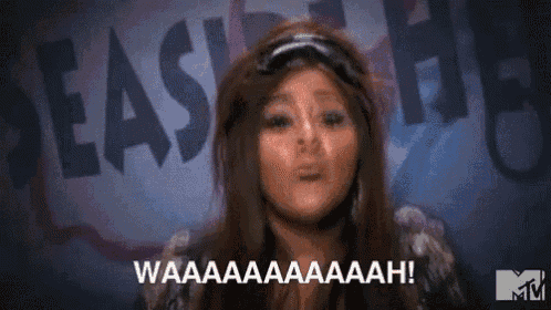 a woman wearing sunglasses is screaming in front of a sign that says seashore