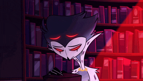a cartoon character with red eyes is standing in front of a book shelf