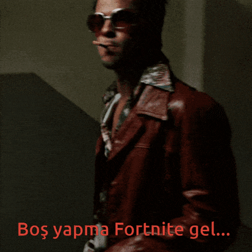 a man smoking a cigarette with the words bos yapma fortnite gel written below him